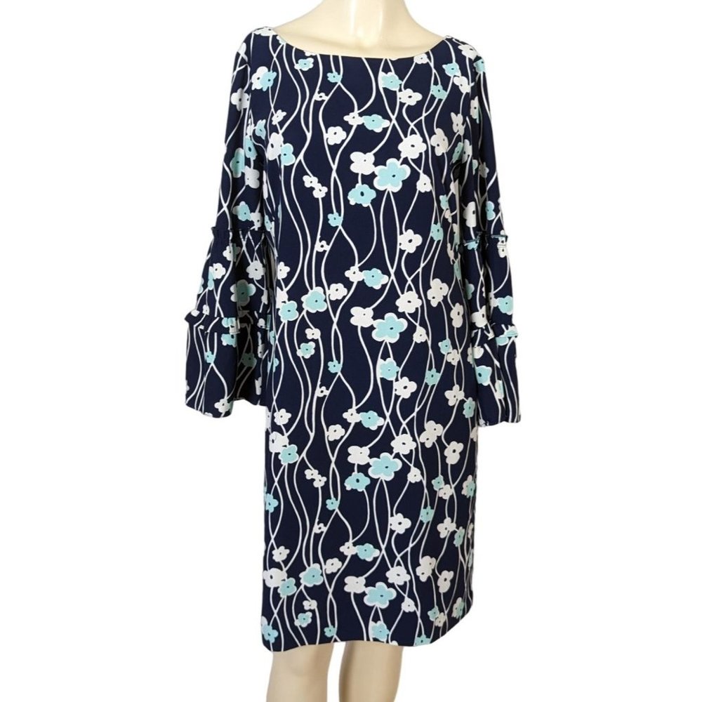 Talbot's floral blue white layered bell sleeve shift dress size 2